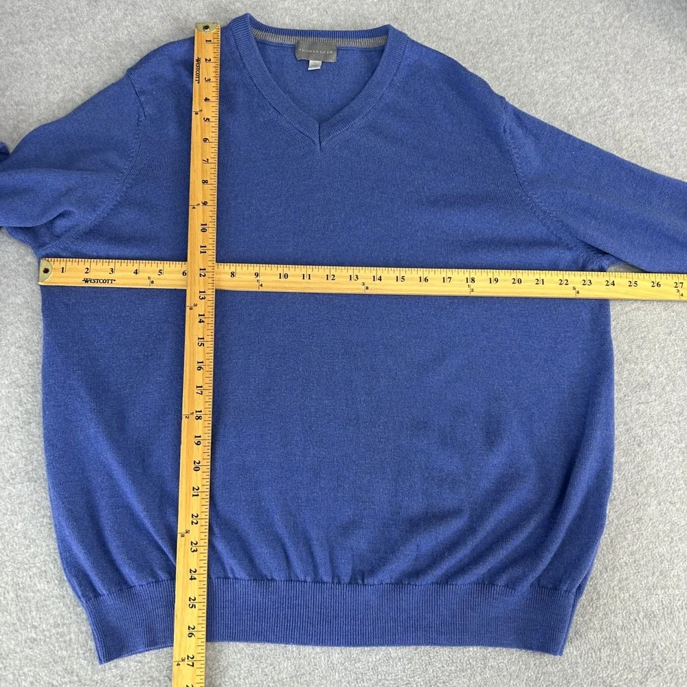 Thomas Dean V-Neck Sweater Blue Extrafine Merino Wool Old Money Mens Large READ